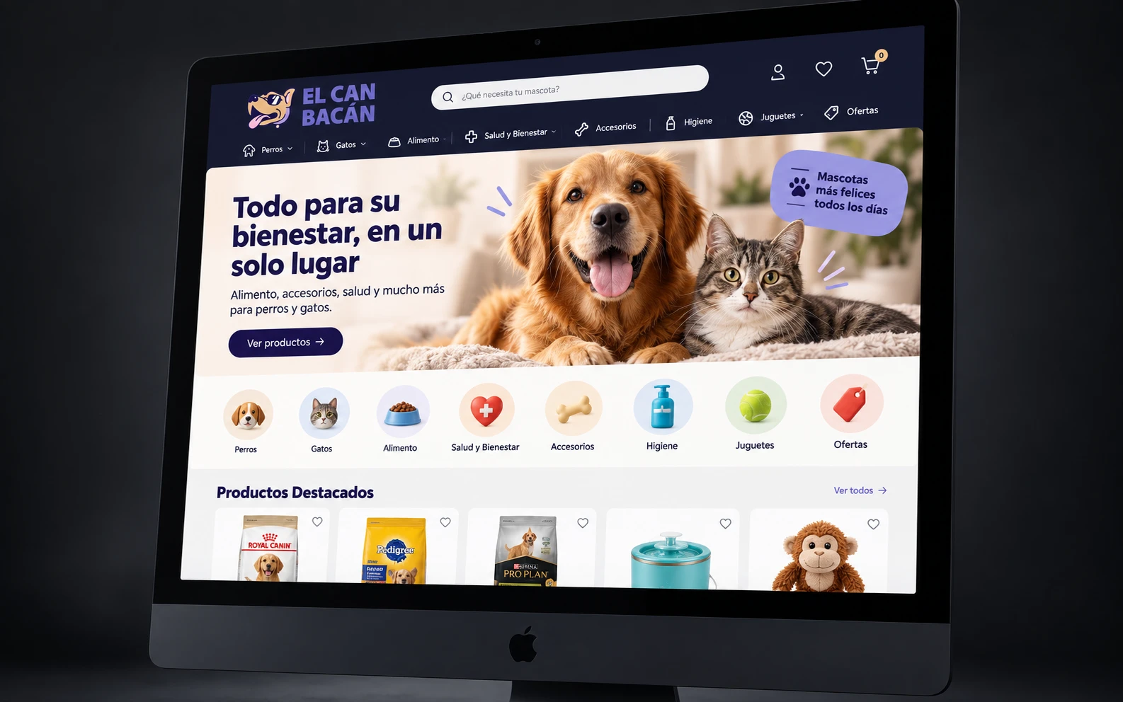 Tienda online de El Can Bacán mostrada en un iMac, con portada de perro y gato y categorías de productos