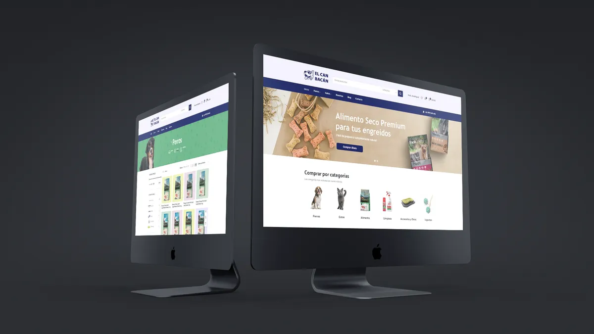 Tienda online de El Can Bacán mostrada en dos pantallas iMac