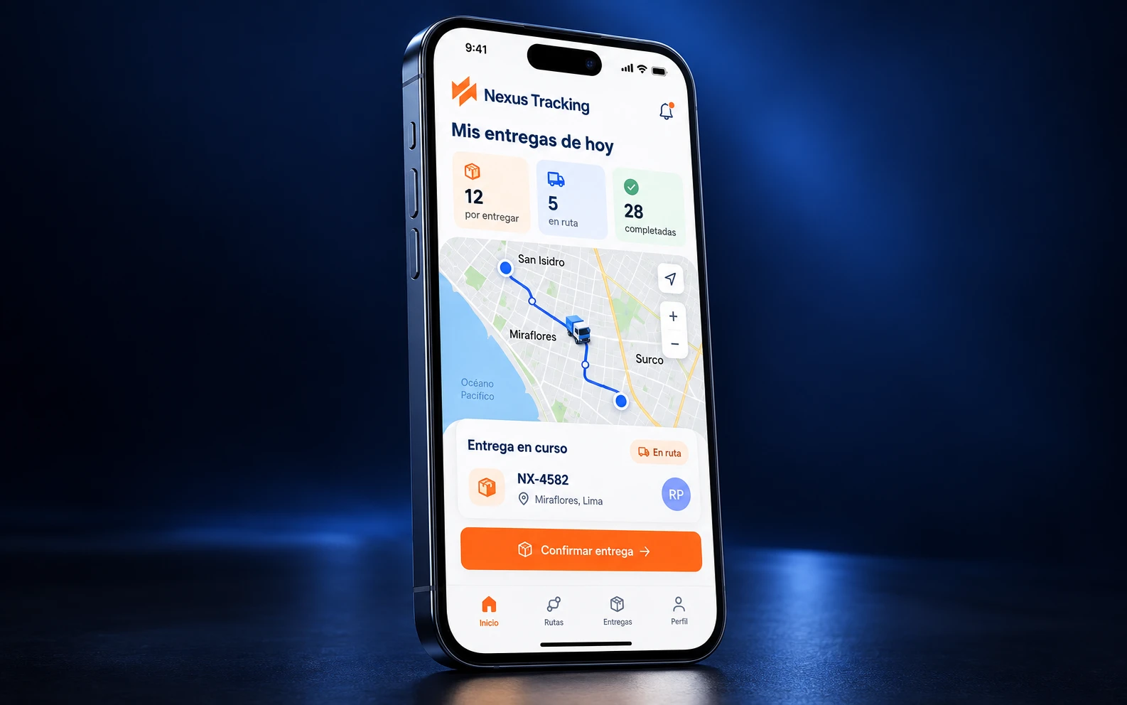 App móvil de reparto de Nexus Tracking con resumen de entregas del día, mapa de la ruta en Lima y entrega en curso