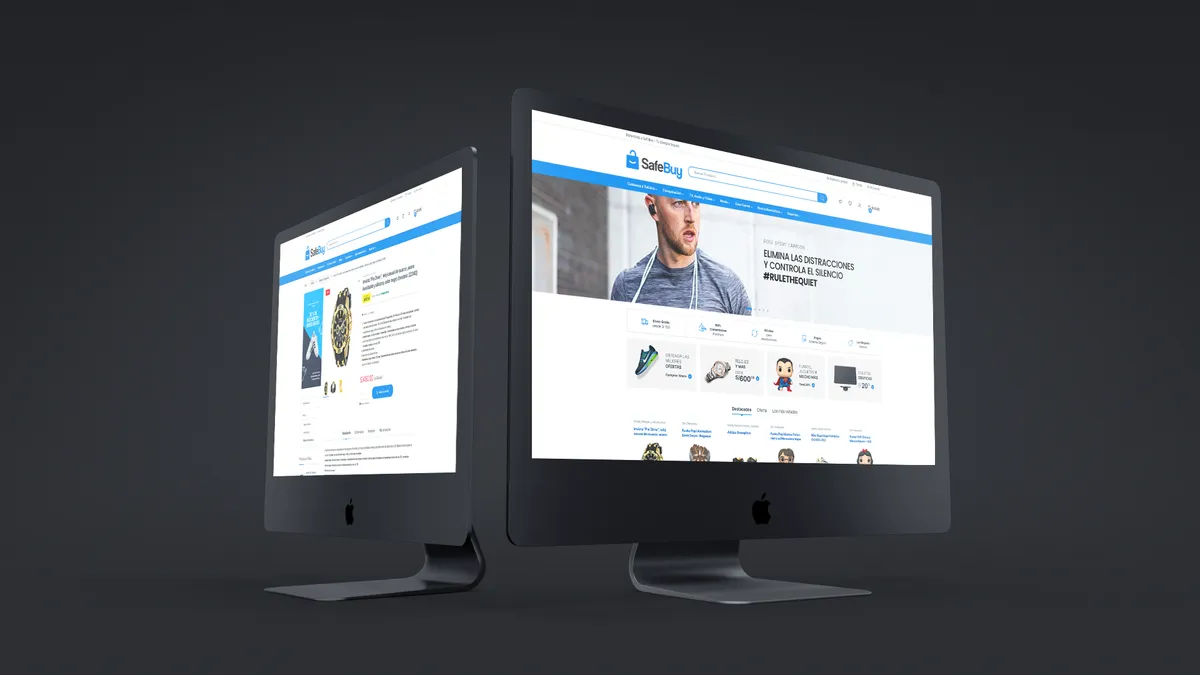 Tienda online SafeBuy mostrada en dos pantallas iMac