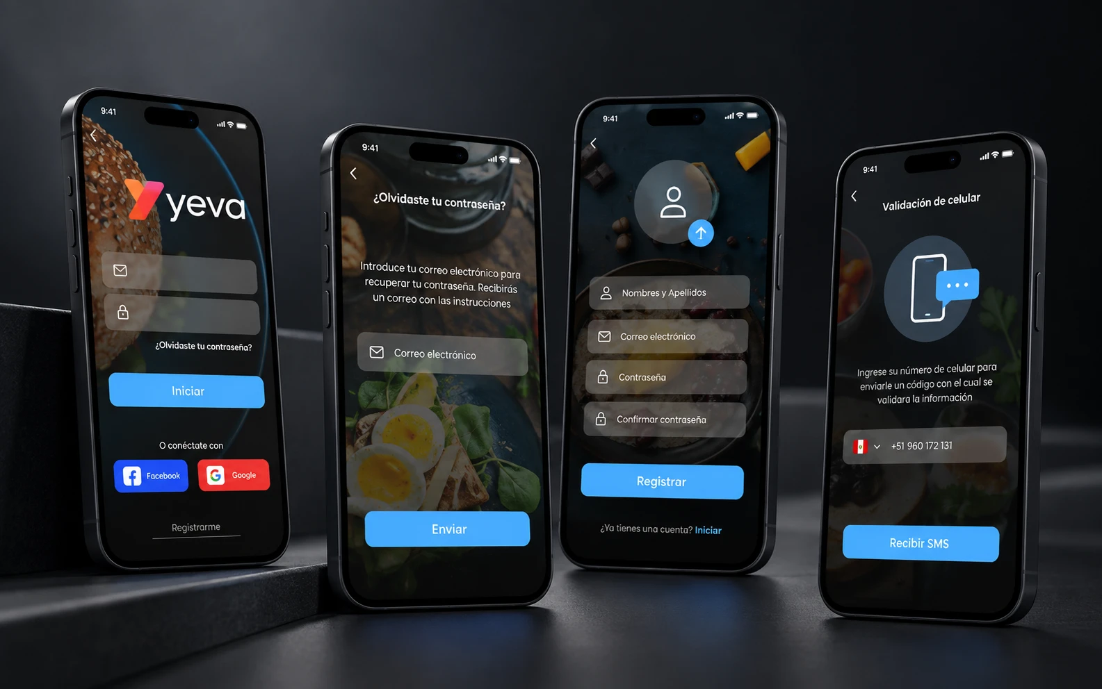 Cuatro iPhone mostrando las pantallas de inicio de sesión, recuperación de contraseña, registro y validación de celular de la app Yeva